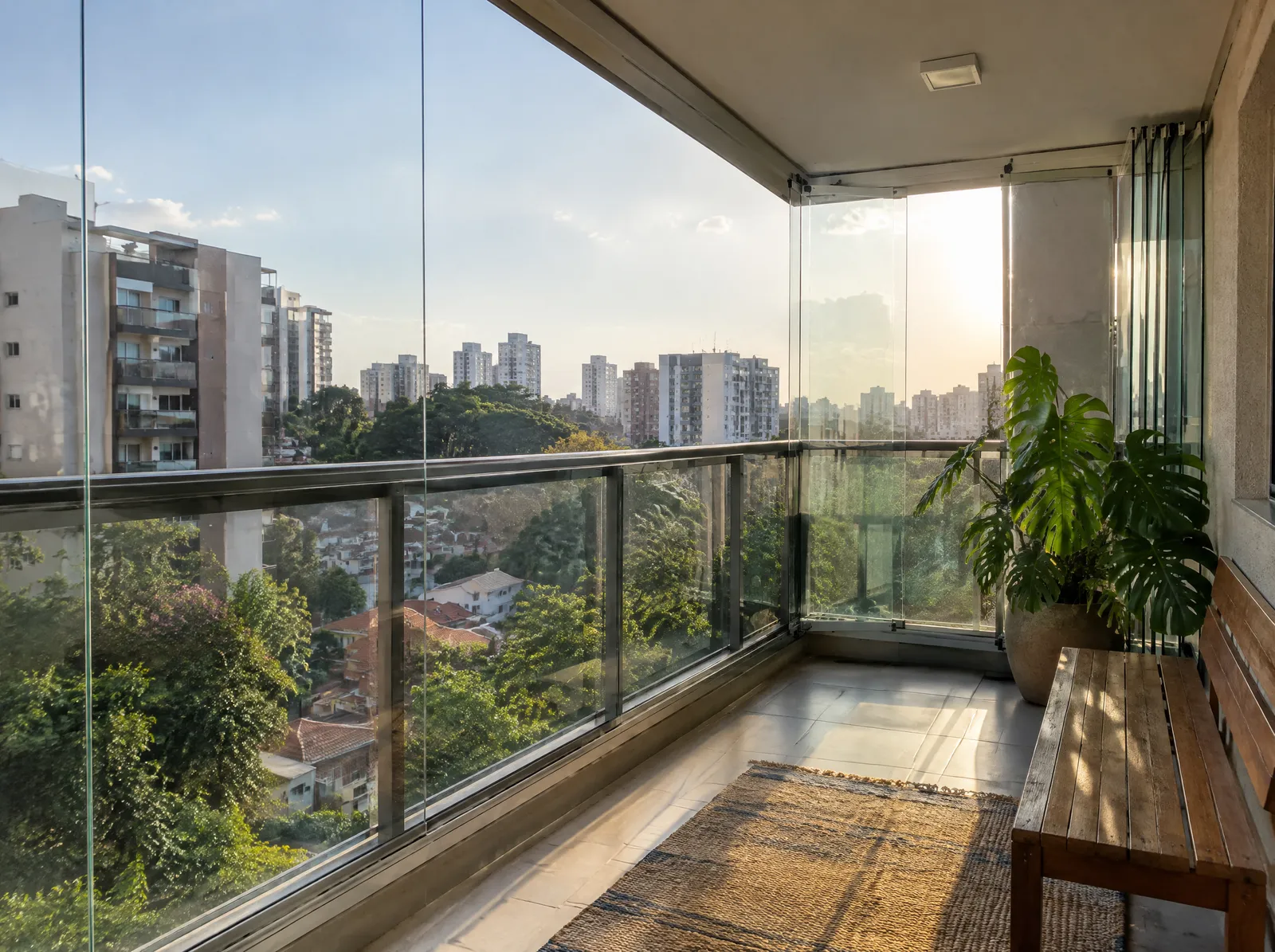 Sacada de apartamento fechada com painéis de vidro, alguns recolhidos no canto